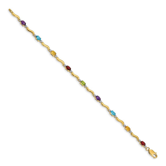 10k Diamond and Oval Rainbow Gemstone Wavy Link 7 inch Bracelet