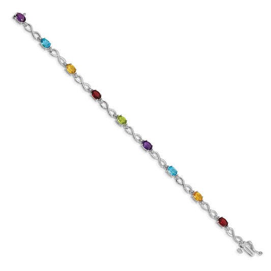10k White Gold Oval Rainbow Gemstone and Diamond Infinity Link 7 inch Bracelet