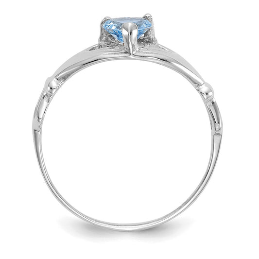 14k White Gold CZ March Birthstone Claddagh Heart Ring