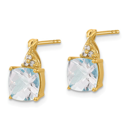 14k 7mm Cushion Checkerboard March/Aquamarine and Diamond Post Earrings