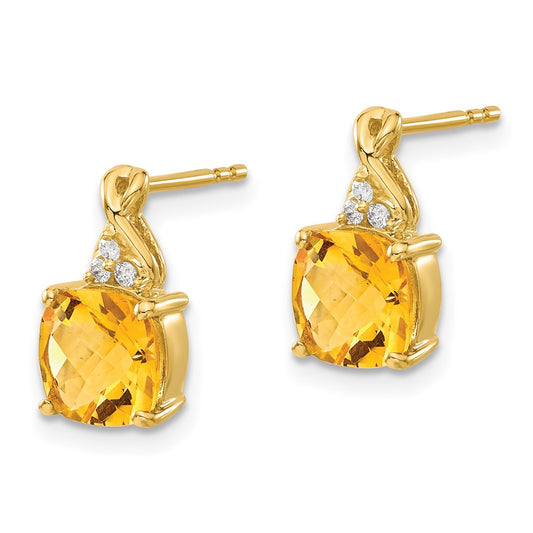 10k 7mm Cushion Checkerboard November/ Citrine and Diamond Post Earrings