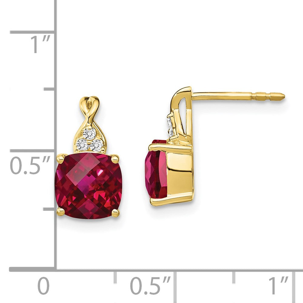 10k 7mm Cushion Checkerboard July/ Lab-Created Ruby and Diamond Post Earrings