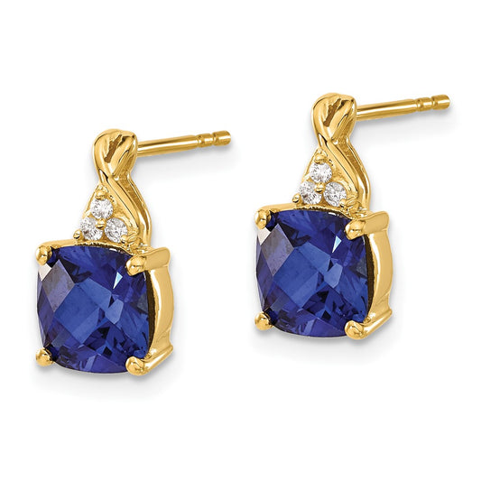 14k 7mm Cushion Checkerboard September/Lab Created Sapphire and Diamond Post Earrings