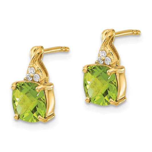10k 7mm Cushion Checkerboard August/ Peridot and Diamond Post Earrings
