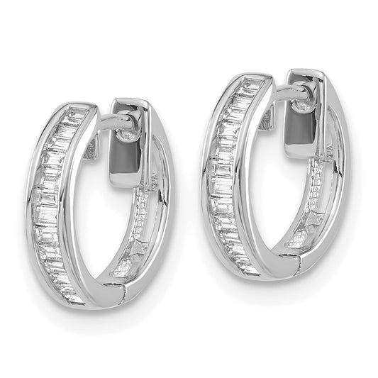 10k White Gold 1/4 carat Baguette Diamond Round Hinged Hoop Earrings