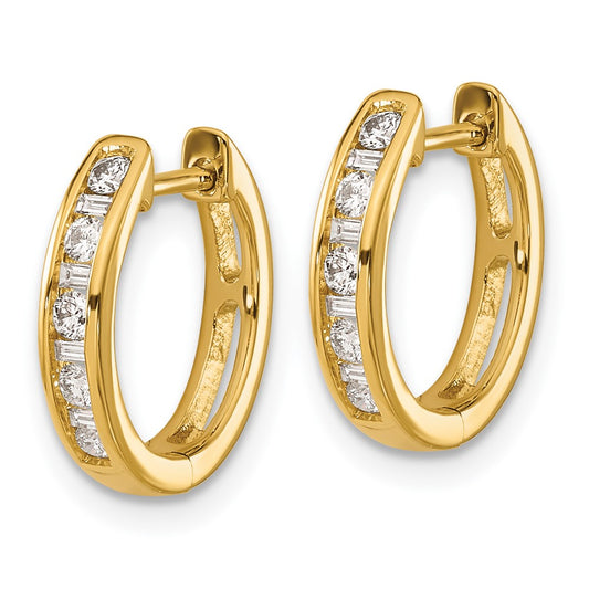 10k 1/4 carat Round/Baguette Diamond Round Hinged Hoop Earrings
