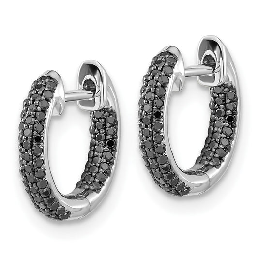 10k White Gold 3/8 carat Black Diamond In/Out Round Hinged Hoop Earrings