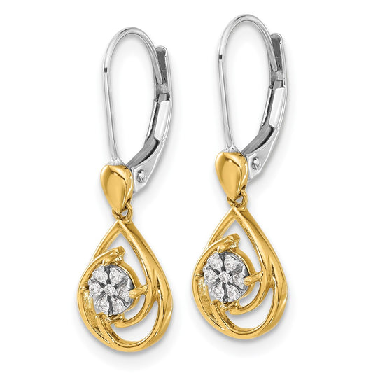 10k Two-tone 1/15 carat Diamond Cluster Teardrop Dangle Leverback Earrings