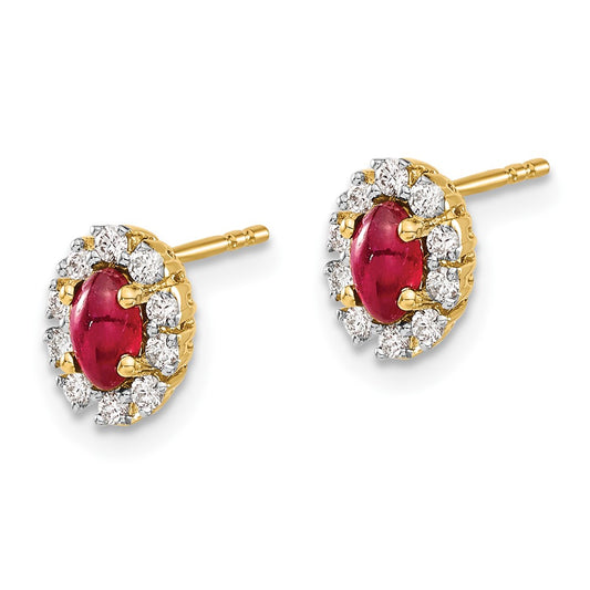 10k 5x3mm Oval Ruby and Diamond Halo Post Earrings