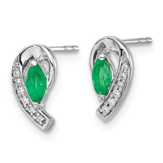 10k White Gold 5x2.5mm Marquise Emerald and Diamond Curved Post Earrings