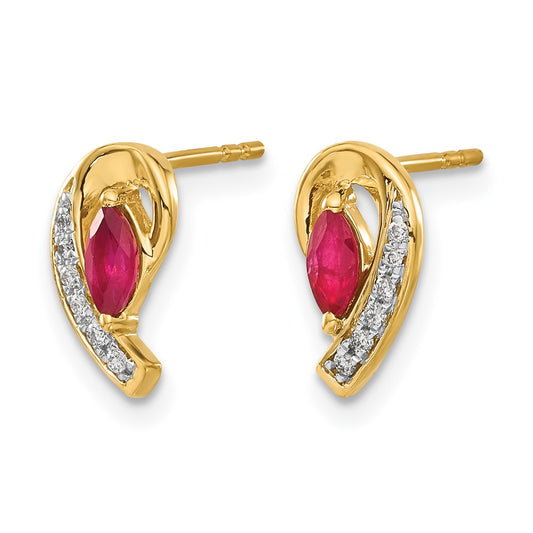 10k 5x2.5mm Marquise Ruby and Diamond Curved Post Earrings