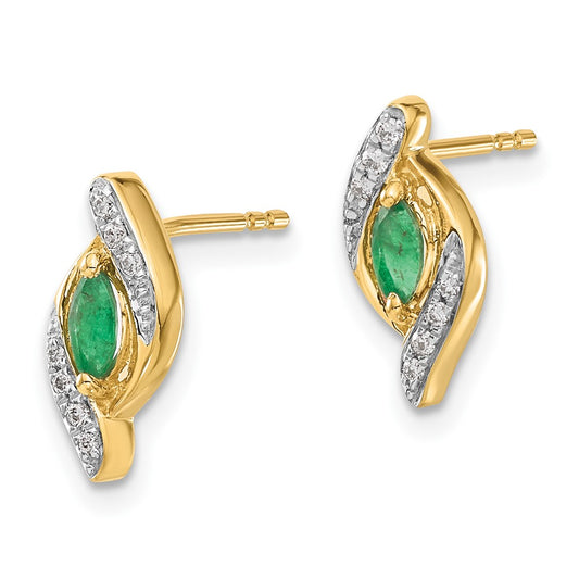 10k 5x2.5mm Marquise Emerald and Diamond Post Earrings
