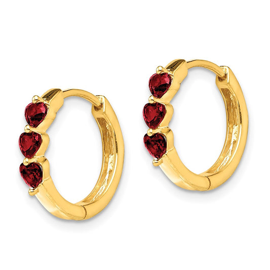 10k Polished 3-Stone Lab-Created Heart Ruby Round Hinged Hoop Earrings