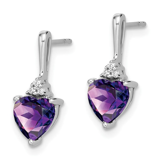 10k White Gold 6mm Heart Amethyst and Diamond Post Earrings
