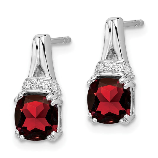 10k White Gold 6mm Cushion Garnet and Diamond Post Earrings