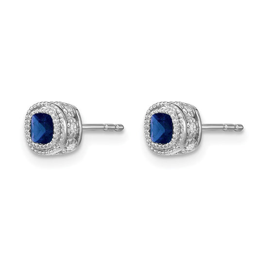 10k White Gold 3.4mm Cushion Sapphire and Diamond Post Earrings