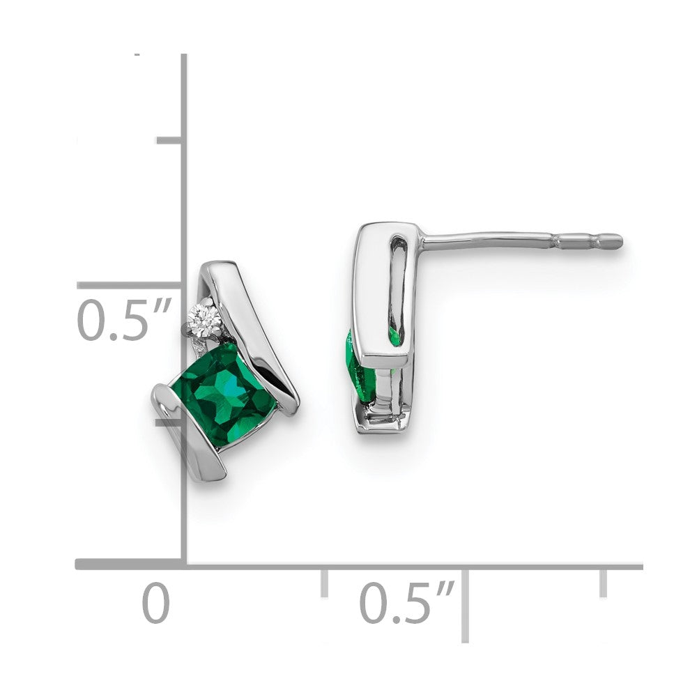 10k White Gold Cushion Cr. Emerald and Diamond Earrings