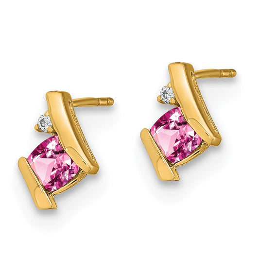 10k 4mm Cushion October/ Lab-Created Pink Sapphire and Diamond Post Earrings