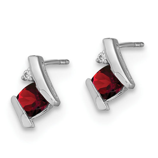 10k White Gold 4mm Cushion January/ Garnet and Diamond Post Earrings