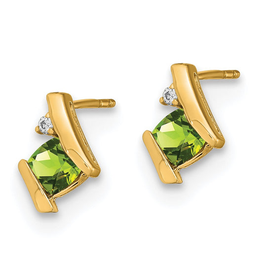 10k 4mm Cushion August/ Peridot and Diamond Post Earrings