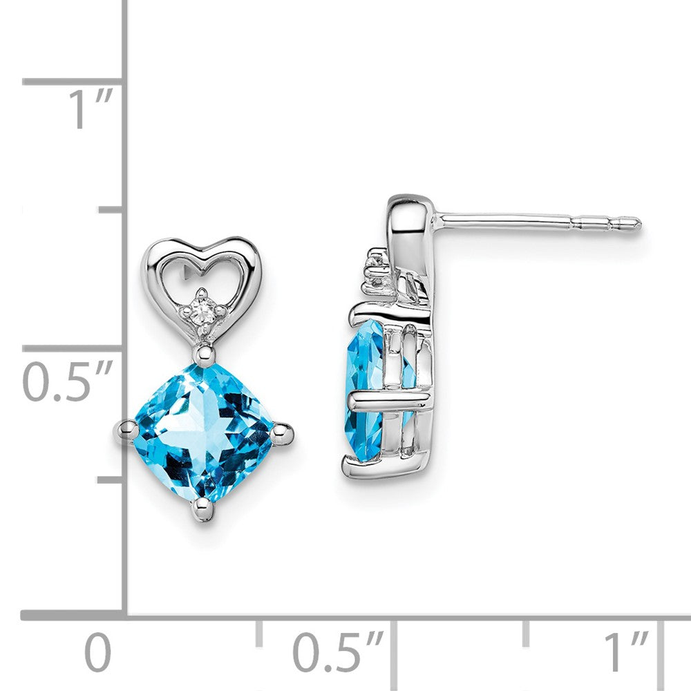 14k White Gold 6mm Cushion December/Blue Topaz and Diamond Heart Post Earrings