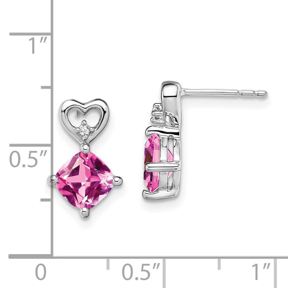 14k White Gold 6mm Cushion October/Lab Created Pink Sapphire and Diamond Heart Post Earrings