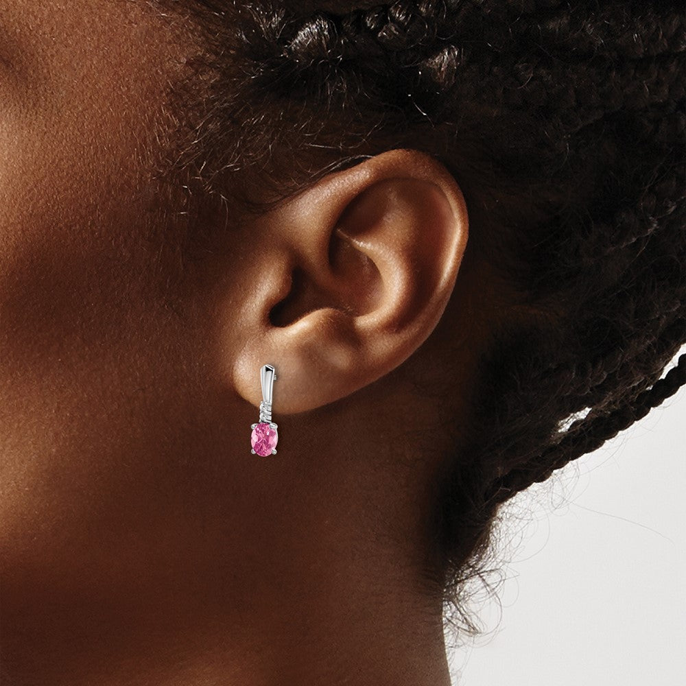 14k White Gold 5x3 Oval October/Pink Tourmaline and Diamond Dangle Post Earrings