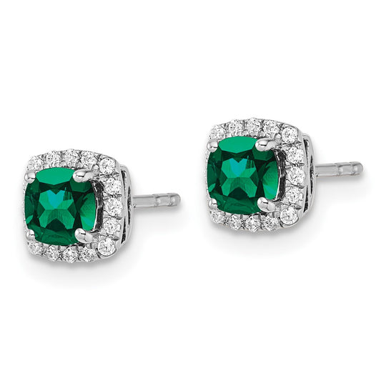 10k White Gold 1/10 carat Lab Grown Diamond VS/SI+ G+ and Created Emerald Complete Square Halo Post Earrings