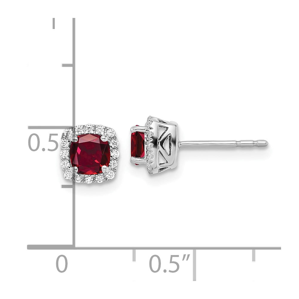 10k White Gold 1/10 carat Lab Grown Diamond VS/SI+ G+ and Created Ruby Complete Square Halo Post Earrings