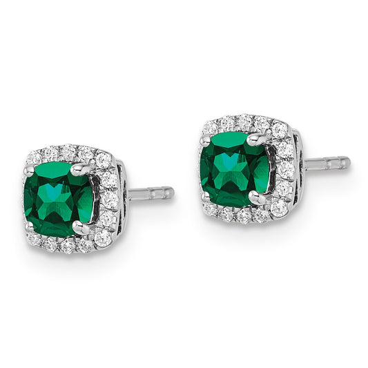 14k White Gold 1/10 carat Lab Grown Diamond VS/SI+ G+ and Created Emerald Complete Square Halo Post Earrings