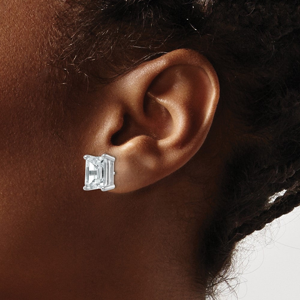 14k White Gold 6 carat Lab Grown Diamond VS+ F+ Emerald Complete Four Prong Stud Earrings