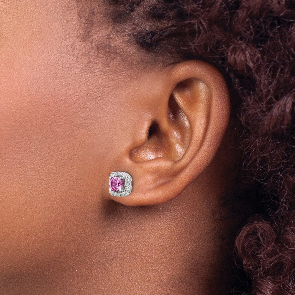14k White Gold 3/8 carat Lab Grown Diamond VS/SI+ G+ October Birthstone Lab Created Pink Sapphire Halo Post Earrings