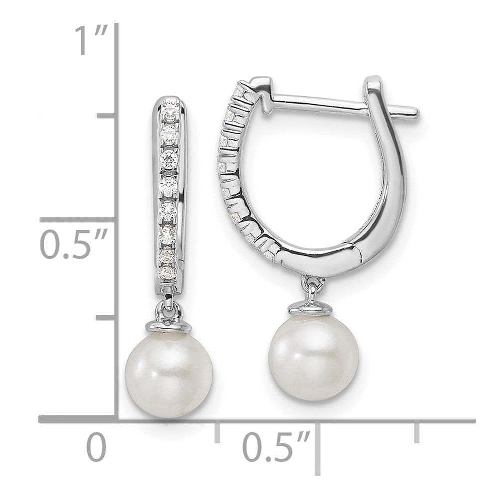 14k White Gold 1/10 carat Lab Grown Diamond VS/SI+ G+ and 5.50 mm Round Freshwater Cultured Pearl Complete Hinged Hoop Earrings
