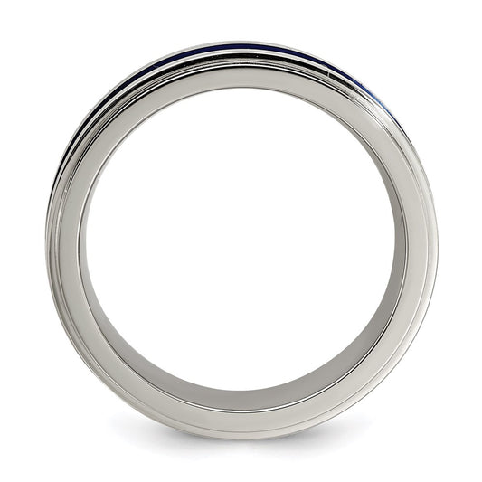 Edward Mirell Gray Titanium with Blue Anodized Stripe Flat Grooved Step Edge 7mm Band