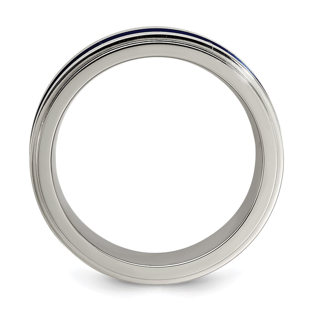 Edward Mirell Gray Titanium with Blue Anodized Stripe Flat Grooved Step Edge 7mm Band