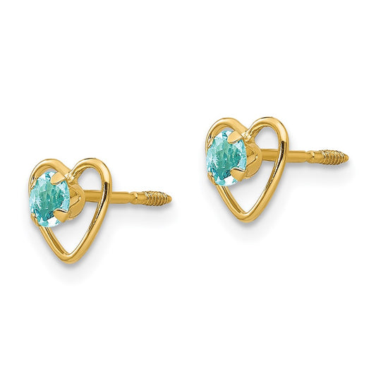 14k Madi K 3mm Round Genuine Aquamarine Birthstone Heart Screwback Post Earrings