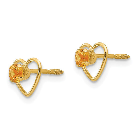 14k Madi K 3mm Round Genuine Citrine Birthstone Heart Screwback Post Earrings