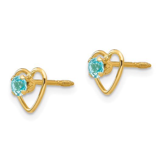 14k Madi K 3mm Round Genuine Blue Topaz Birthstone Heart Screwback Post Earrings