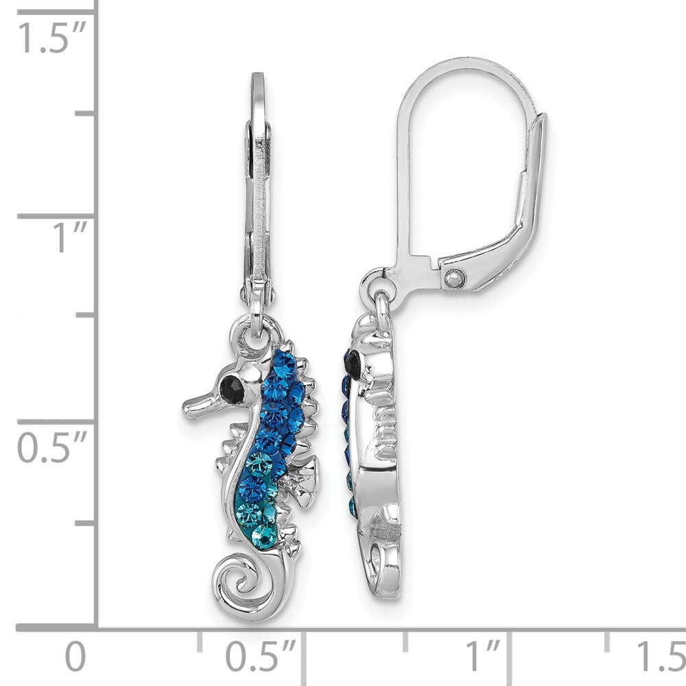 Sterling Silver Rhodium-plated Polished Blue Crystal Seahorse Dangle Earrings