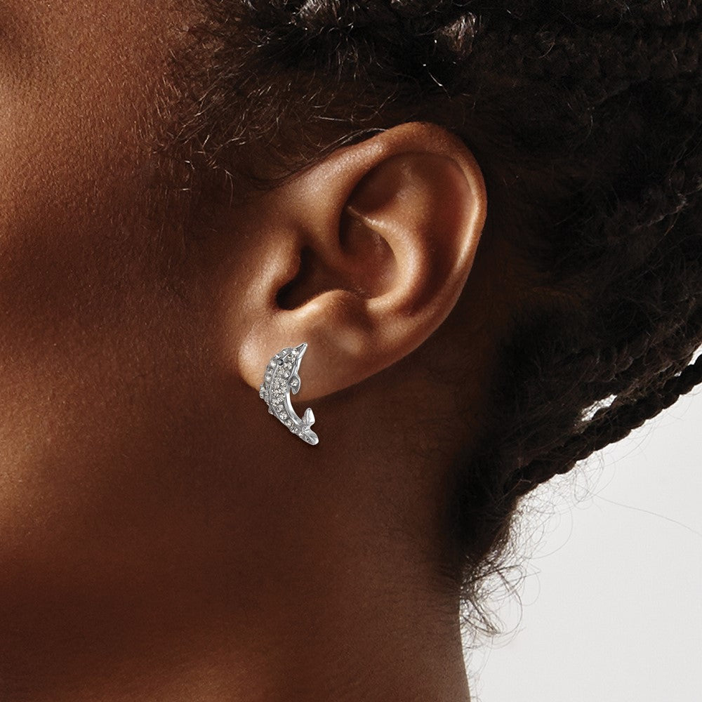 Sterling Silver Rhodium-plated Polished Pale Blue Crystal Dolphin Post Earrings