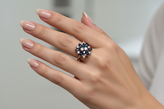 Blue Sapphire & Rhinestones Cluster Cocktail Ring