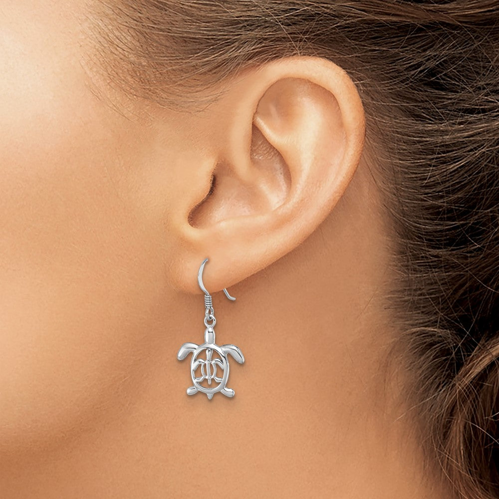Sterling Silver Rhodium-plated Cut Out Mother and Baby Turtle Dangle Earring