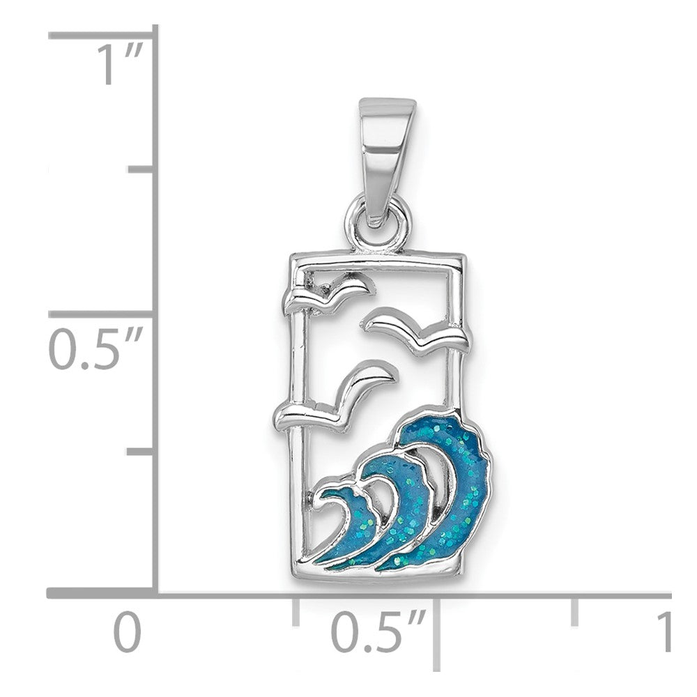 Sterling Silver Rhodium-plated Polished Sea Gull and Enameled Wave Pendant