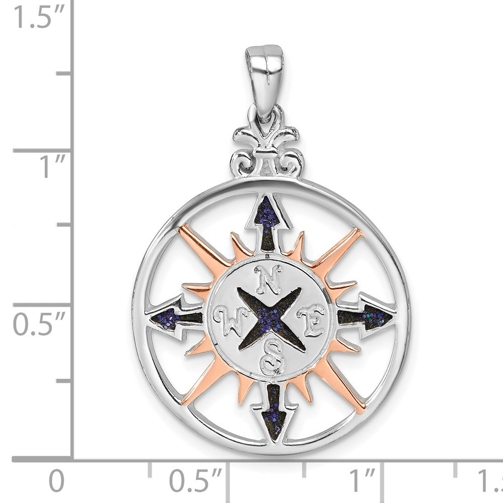 Sterling Silver Rhodium-plated Polished Enameled Compass Rose-tone Pendant