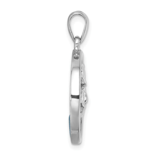 Sterling Silver Rhodium-plated Polished Round Blue Agate Double Dolphin Pendant