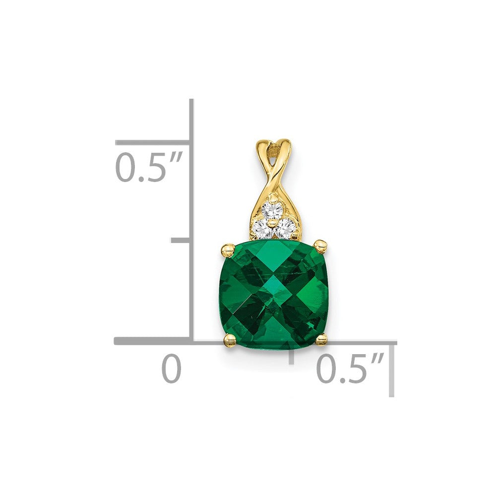 10k Checkerboard Created Emerald and Diamond Pendant