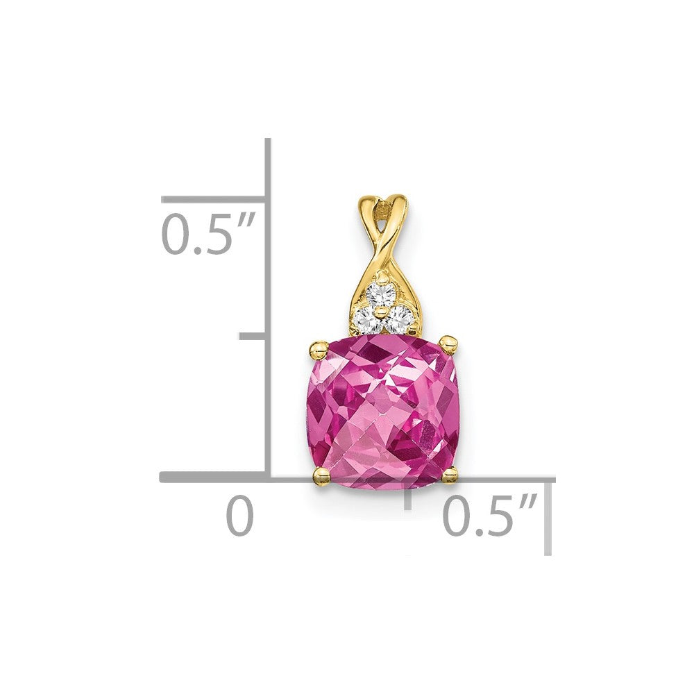 10k Checkerboard Created Pink Sapphire and Diamond Pendant