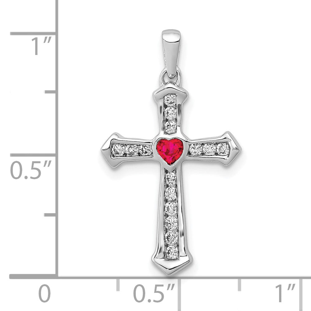 10K White Gold 1/5 carat Diamond and Ruby Heart Cross Pendant