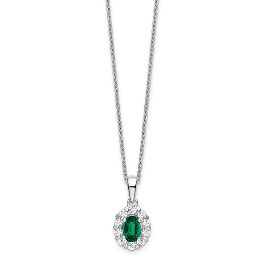 14k White Gold 1/2 carat Lab Grown Diamond VS/SI+ G+ and Oval Lab Created Emerald Complete 18 inch Halo Pendant Necklace