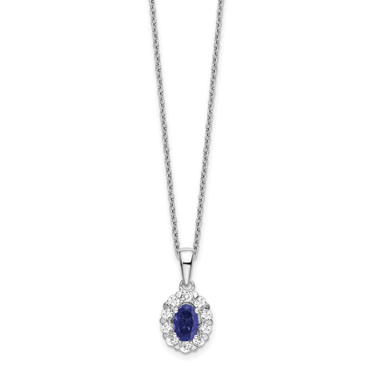 14k White Gold 1/2 carat Lab Grown Diamond VS/SI+ G+ and Oval Lab Created Blue Sapphire Complete 18 inch Halo Pendant Necklace